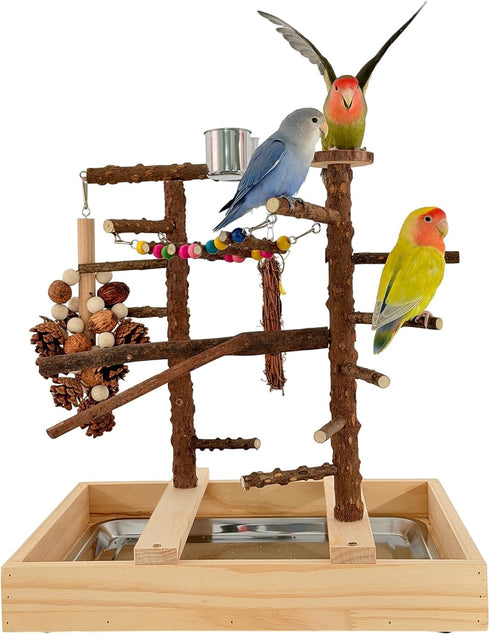 vibriskape Bird Playground, Natural Wood Bird Play Stand with Stand Perch, Swing, Toy, Two Food Cups, and Removable