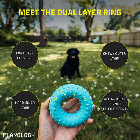Playology Dual Layer Ring Toy for Large Dog (35lbs & up) - Engaging All-Natural Peanut Butter Scented Durable Dog Chew Toys for Aggressive Chewers - Easy to Clean - Interactive & Non-Toxic