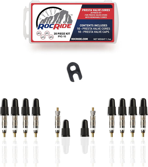 Presta Valve Cores with Removal Tool, 10 Cores and 10 Caps, for Tubeless Tires, Silver 10 Pack