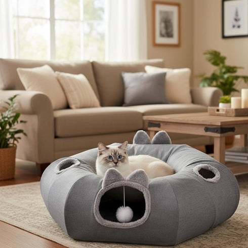 Linen Cat Tunnels with Central Cat Bed, Interactive Cat Toys Detachable Washable Soft Mat Large Indoor Play Tunnel Cave
