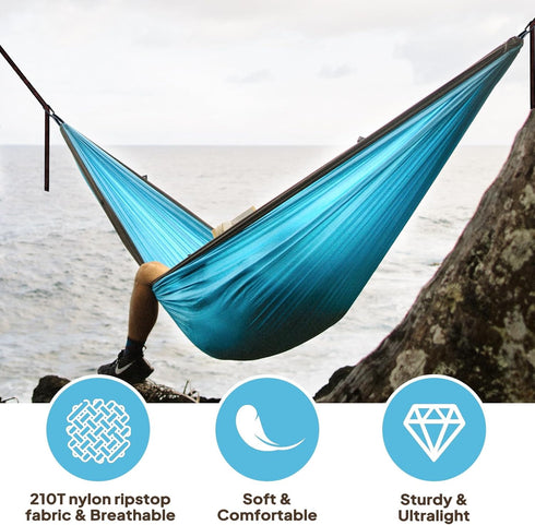 Ultra-Light Travel Camping Hammock | 300kg Load Capacity, (275 x 140 cm) Quick-Drying Parachute Nylon | Includes 2