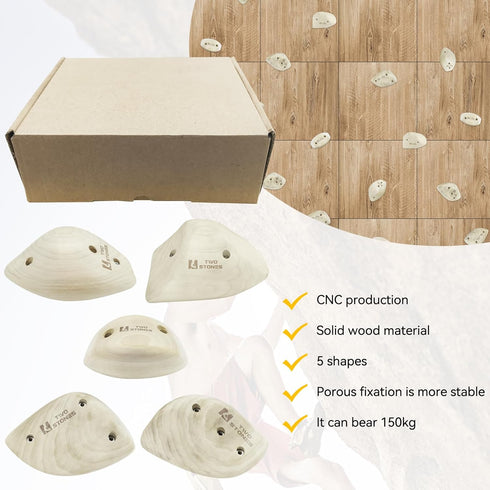Set TWO STONES Wooden Rock Climbing Holds for Adults | Wood Rock Wall Climbing Holds for Gyms | Variety Screw On