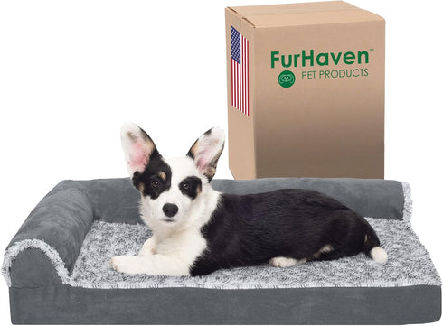 Furhaven Orthopedic Dog Bed for Medium/Small Dogs, L Shaped Chaise with Removable Bolsters - Stone Gray, Medium