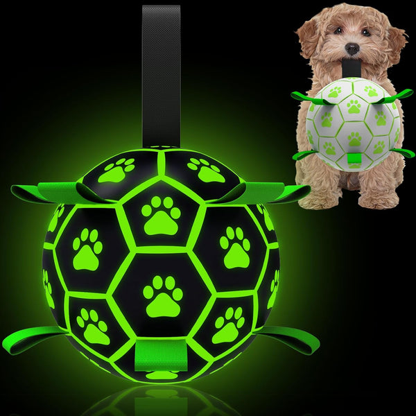 Glow in The Dark Dog Toys - Interactive Light Up Soccer Ball with Straps for Small & Medium Dogs, Puppy Gifts