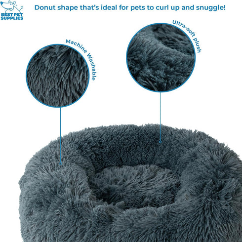 Best Pet Supplies Round Donut Dog Bed with Plush Faux Fur Fabric, Calming Cushion for Indoor Pets, Gray, 24x24x7''