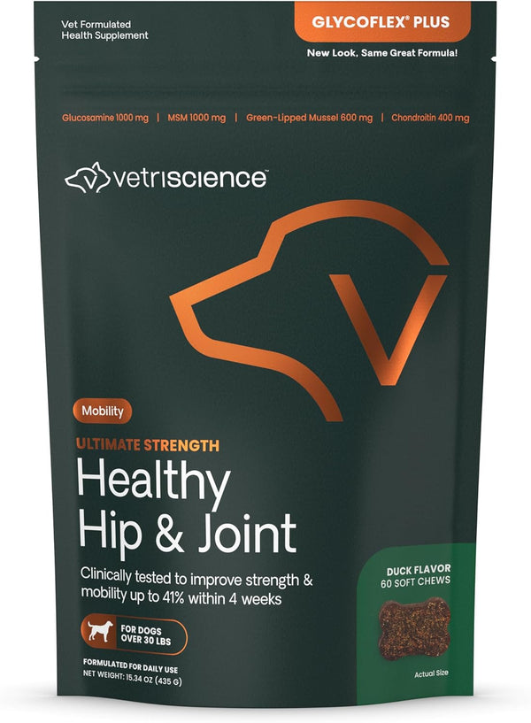 VetriScience Ultimate Strength Healthy Hip & Joint Chews, 60 Count, Duck Flavor for Joint Support