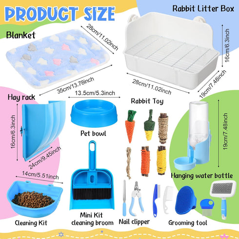 Locmeo 20 Set Pcs Rabbit Starter Kit Small Bunny Litter Box Animal Grooming Kit with Hanging Pet Bowls Water Bottle