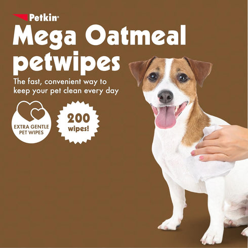 Petkin Mega PetWipes - 200 Oatmeal Wipes for Dogs and Cats, Use on Face, Paws, Ears, Body, Ideal for Home or Travel