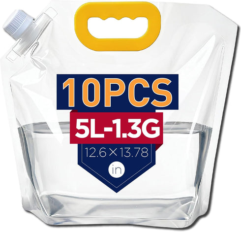 10 Pack 1.3 Gallon Collapsible Water Container Bag, Freezable Plastic Water Storage