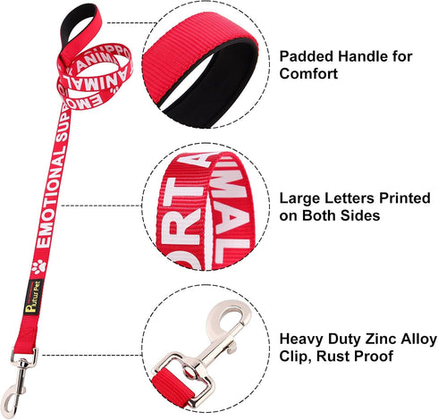 Plutus Pet Emotional Support Animal Leash, 4ft Long, Red, Soft Neoprene Padded Handle, Printed in Large Letters for