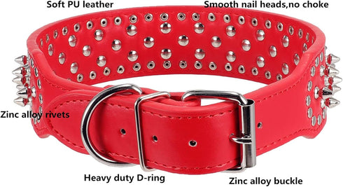 Hoot PU Leather Adjustable Spiked Studded Dog Collar - 2" Wide with 43 Spikes (L, Neck 21"-24", Red)