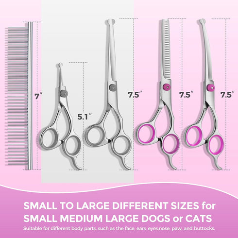 Maxshop Dog Grooming Scissors with Safety Round Tips, Heavy Duty Titanium Pet Grooming Trimmer Kit, Professional Thinning Shears, Curved Scissors with Comb for Dogs and Cats (Pink Set of 3) by Maxshop