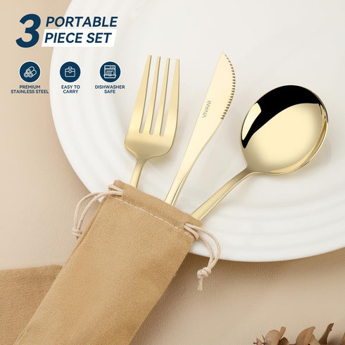 Travel Utensils with Case, 3 Pieces Reusable Champagne utensils Set, Stainless Steel Portable Lunch Silverware with Case by VIVANI