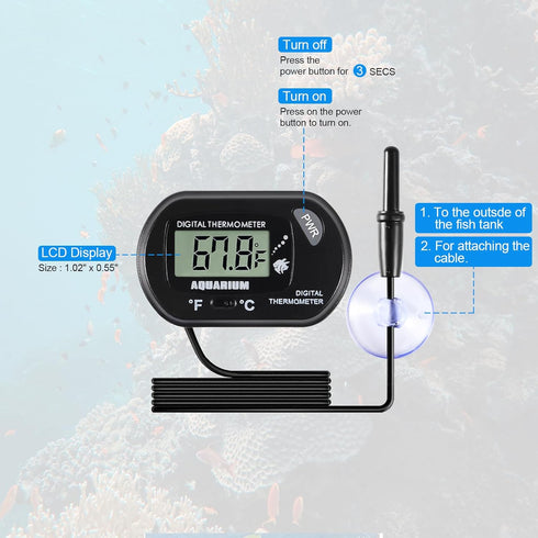 AEDIKO 8pcs Aquarium Thermometer LCD Digital Fish Tank Thermometer with Water-Resistant Sensor Probe and Suction Cup