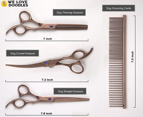 4 Set Dog Grooming Scissors Kit - Best Tools for Goldendoodles & Poodles - Straight, Curved & Thinning Shears