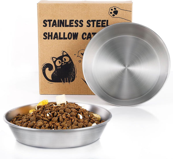 5.9'' Wide Whisker Friendly Cat Bowl, 304 Stainless Steel Bowls Set, 2 Pcs Shallow Metal Dish for Cats
