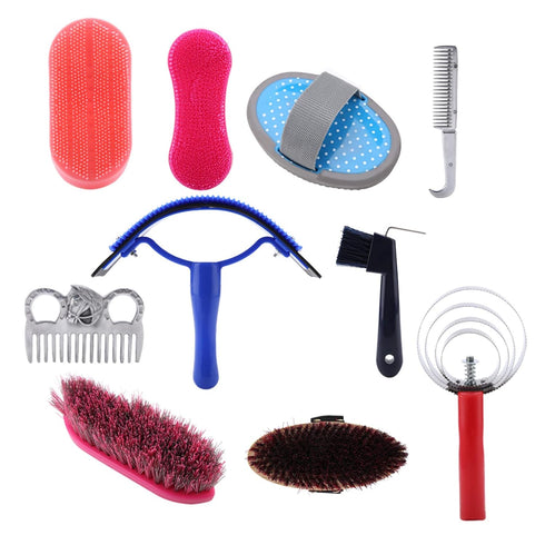 10Pcs Set Horse Grooming Kit Equestrian Brush with Sweat Scraper Combs Hoof Pick for Horse Care Cleaning Tools