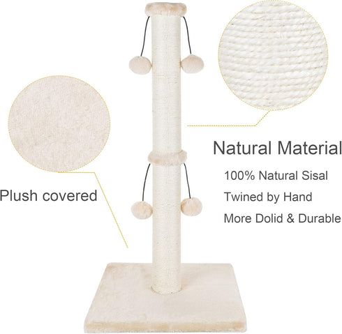 Dimaka 29'' Cat Scratching Post with Natural Sisal Rope and 4 Teasing Toy Balls for Large Cats (Beige)