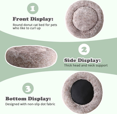 JOLLYVOGUE Calming Donut Dog Bed & Cat Bed, Washable Fluffy Faux Fur Plush Cushion for Small Dogs and Cats (20", Brown)