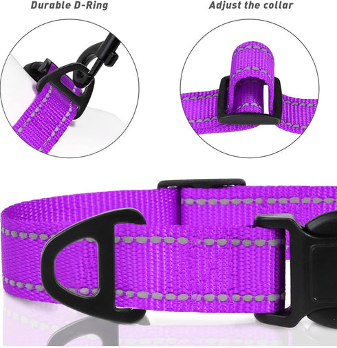 TagME Adjustable Reflective Nylon Dog Collar, Classic Pet Collar with Quick Release Buckle for Medium Dogs, Purple