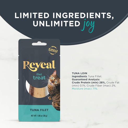 (12 1.06 oz Reveal Natural Whole Protein Fillet Cat Treats, Single Ingredient, Grain Free, High Protein Treats