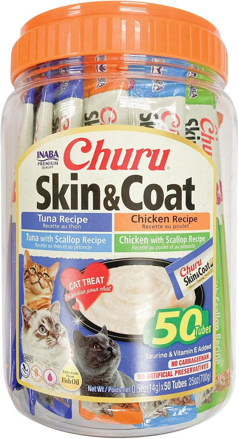 INABA Churu Lickable Purée Natural Cat Treats, Skin & Coat Variety, 50 Tubes, 0.5 Ounces Each with Omega Oils