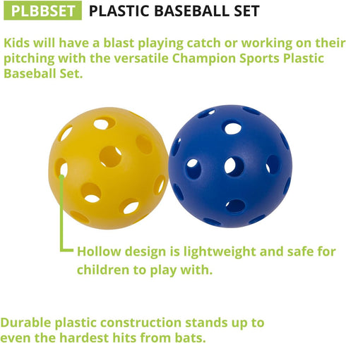 9" Champion Sports Hollow Plastic Baseballs Lightweight, Durable Practice Balls for All Ages