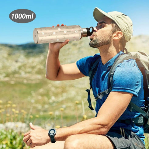 Wassud 32 oz Water Bottle Warm Beige Floral Stainless Steel Sport Water Bottle with Straw Insulated Water Bottles