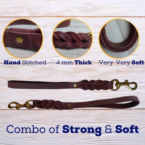 Leather Short Dog Leash 15 Inch, Braided Traffic Lead for Large Dogs, Heavy Duty Leather (Brown)