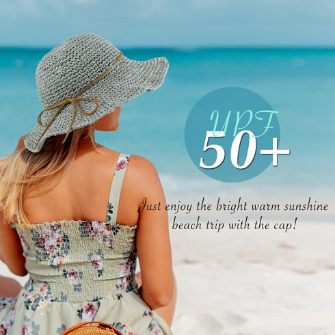 Women Sun Hat, Wide Brim Floppy Beach Hat, Breathable UV UPF 50+ Straw Foldable Packable Summer Cap