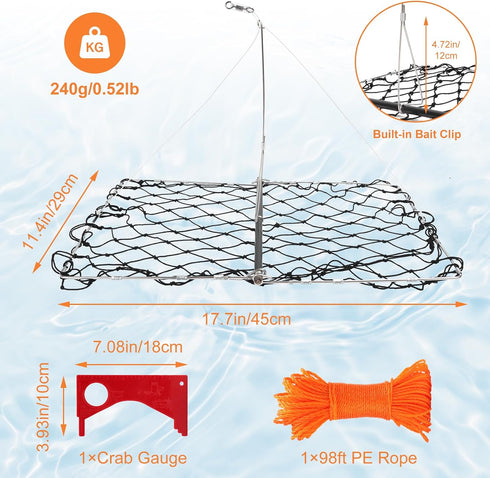 BestYiJo Castable Crab Trap, with Orange Thickened Braided line and Crab Ruler for catching catching Blue Crabs