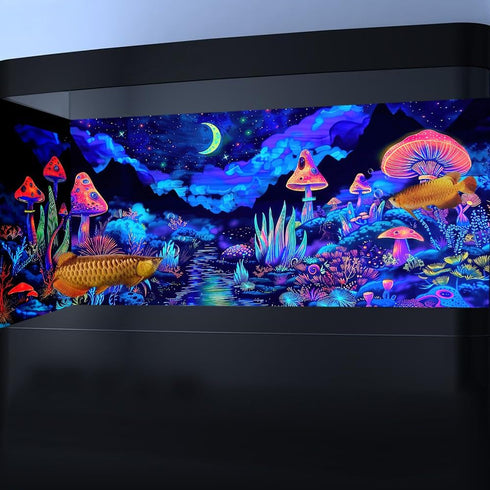 24X12IN Blacklight Mushroom Flower Aquarium Background - UV Moonlight Mountain Forest Landscape with Tape