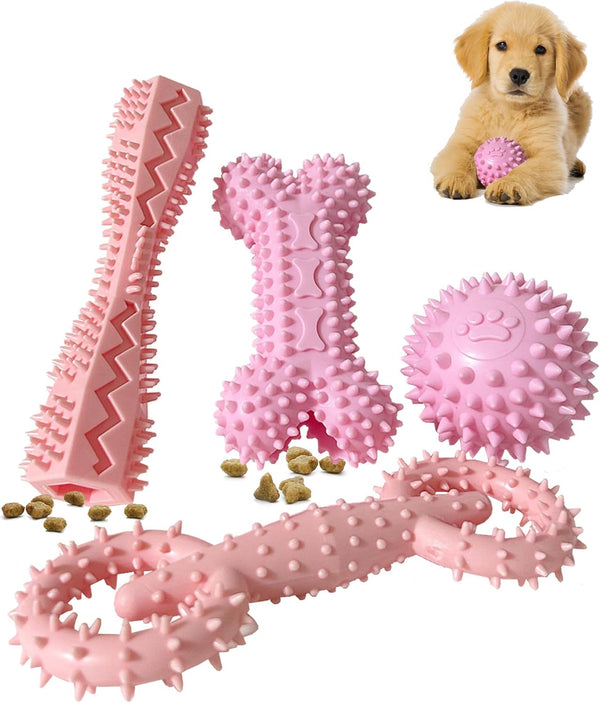 4 Pack Puppy Toys for 2-8 Months, Teething Chew Toys, Soft Rubber Bone, Funny Ball, Interactive Donut for Small Medium