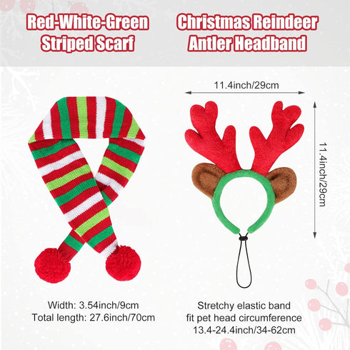 BWOGUE Dog Christmas Reindeer Elk Antlers Headband - Red-White-Green Striped Scarf Set for Dogs and Cats