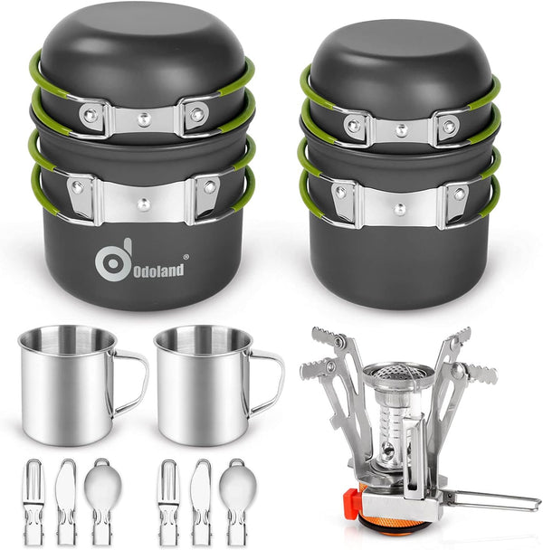 Odoland 16pcs Camping Cookware Mess Kit, Lightweight Pot Pan Mini Stove with 2 Cups, Fork Spoon for Outdoor Camping