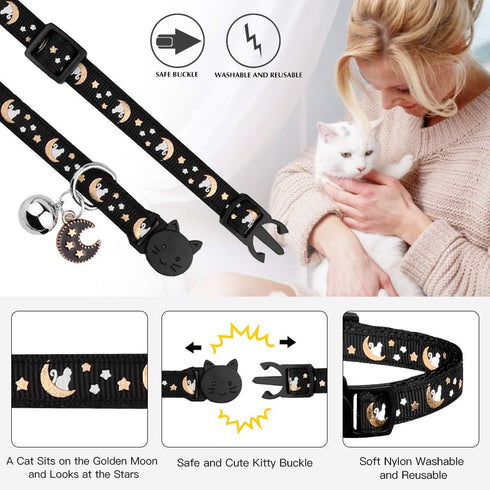 2Pcs Breakaway Cat Collars - Adjustable Moons Collars for Boy & Girl Cats with Bell & Pendant, Black+Pink