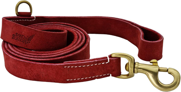Blazing Paws Vibrania Heavy Duty Dog Leash, 6 Ft Thick Distressed Leather, Cherry Red with Side Ring (6 Ft L x 1" W)