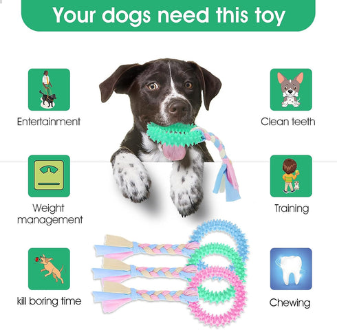 Puppy Teething Toys with Cotton Ropes, 3 Pcs Rubber Chew Toy Rings for Small/Medium Dogs