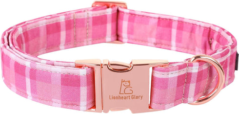 Lionheart Glory Valentine's Day Collar - Pink Plaid Adjustable Heavy-Duty Dog Collar for Medium Cute Spring Pet Gift.