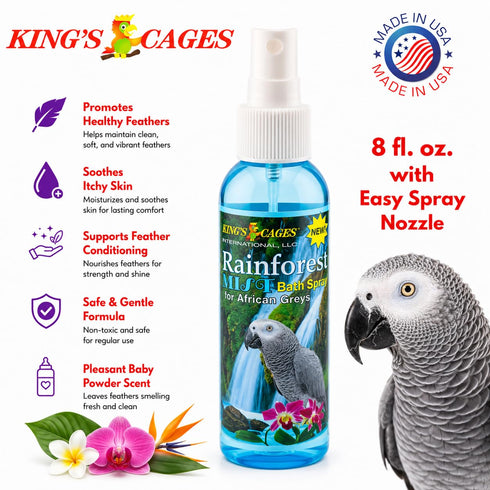 8 oz. King's Cages Rainforest Mist Spray African Grey Feather Conditioning Spray with Baby Powder Scent for Medium Bird