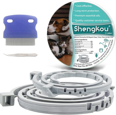 Flea and Tick Collar for Dogs and Cats - Natural Prevention and Control, Waterproof, Free Comb, 2-Pack (13.8 in & 27.5