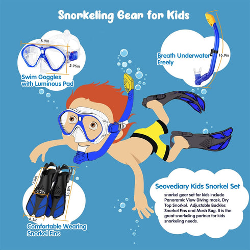 Kids Snorkel Set with Mask Fins Snorkeling Gear, Anti-Fog Swim Goggles and Dive Flippers Combo