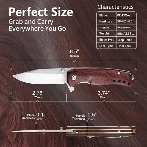Wood Handle Pocket Knife, 2.9in 8Cr13MoV Stainless Steel Blade, EDC Knife with Belt Clip for Hunting, Camping, Hiking, and Everyday Carry, 6.5in by Vickay