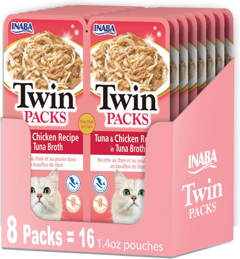 INABA Twin Packs for Cats, Tuna & Chicken Recipe in Broth Gelée Side Dish/Topper Pouch, 1.4 Ounces, 16 Servings