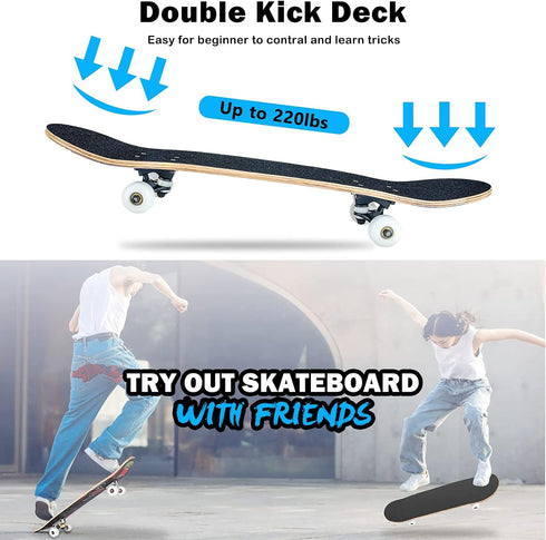Skateboard, 31 x 8 Inch Complete Skateboard, 8-Layer Maple Wood Deck Double Kick for Kids, Teens, Adults