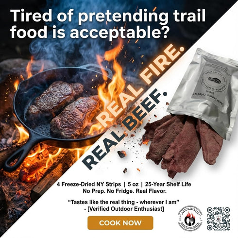 4 5 oz 25 Backpackers, 1 LBS. | Freeze-Dried NY Steaks | Total Freeze-Dried Weight | Thin Cut | Year Shelf Life | USA