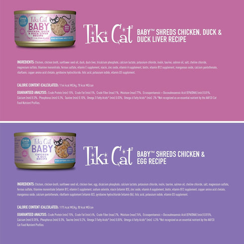 Tiki Cat Baby Shreds Variety Pack, High-Protein Wet Cat Food for Kittens 8 Weeks Plus, 2.4 oz. Cans (Pack of 12)