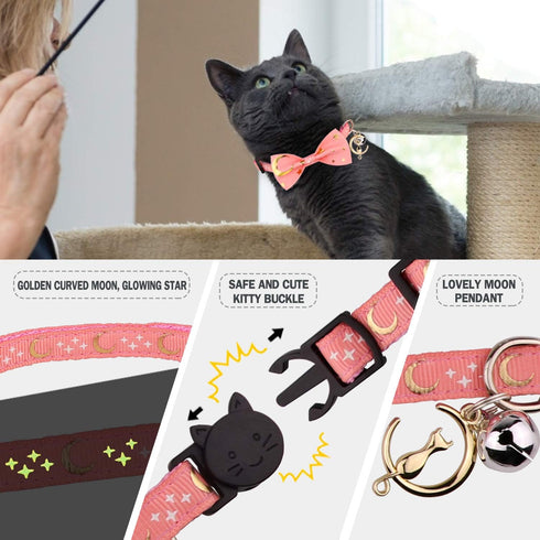 2 PCS Breakaway Cat Collar with Bow Tie and Bell, Golden Moon Glowing Star in The Dark for Kitten