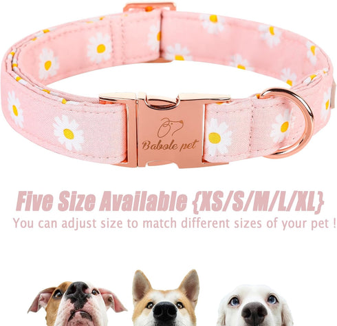 Cotton Dog Collar for Small Dogs, Adjustable Cute Boy Girl Collars with Metal Buckle (Baby Pink Daisy, S)
