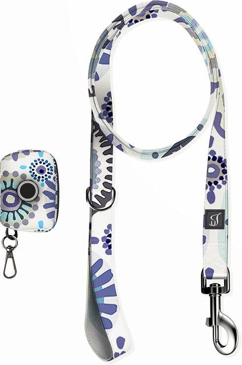 Ultra Joys Dog Leash with Dog Poop Bag Dispenser - Heavy Duty Cotton Fabric Pet Leash with Metal Clasps - Blue Daisy 5ft Dog Leash and Dog Waste Bag Holder Carrier